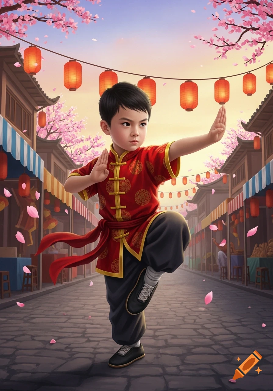 A young boy in a red kung fu uniform poses on a street with red lanterns and falling cherry blossoms, in a digital illustration.