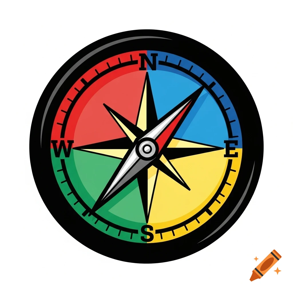 A colorful cartoon-style compass with thick black outlines, vibrant colors, and clear N, E, S, W markings.