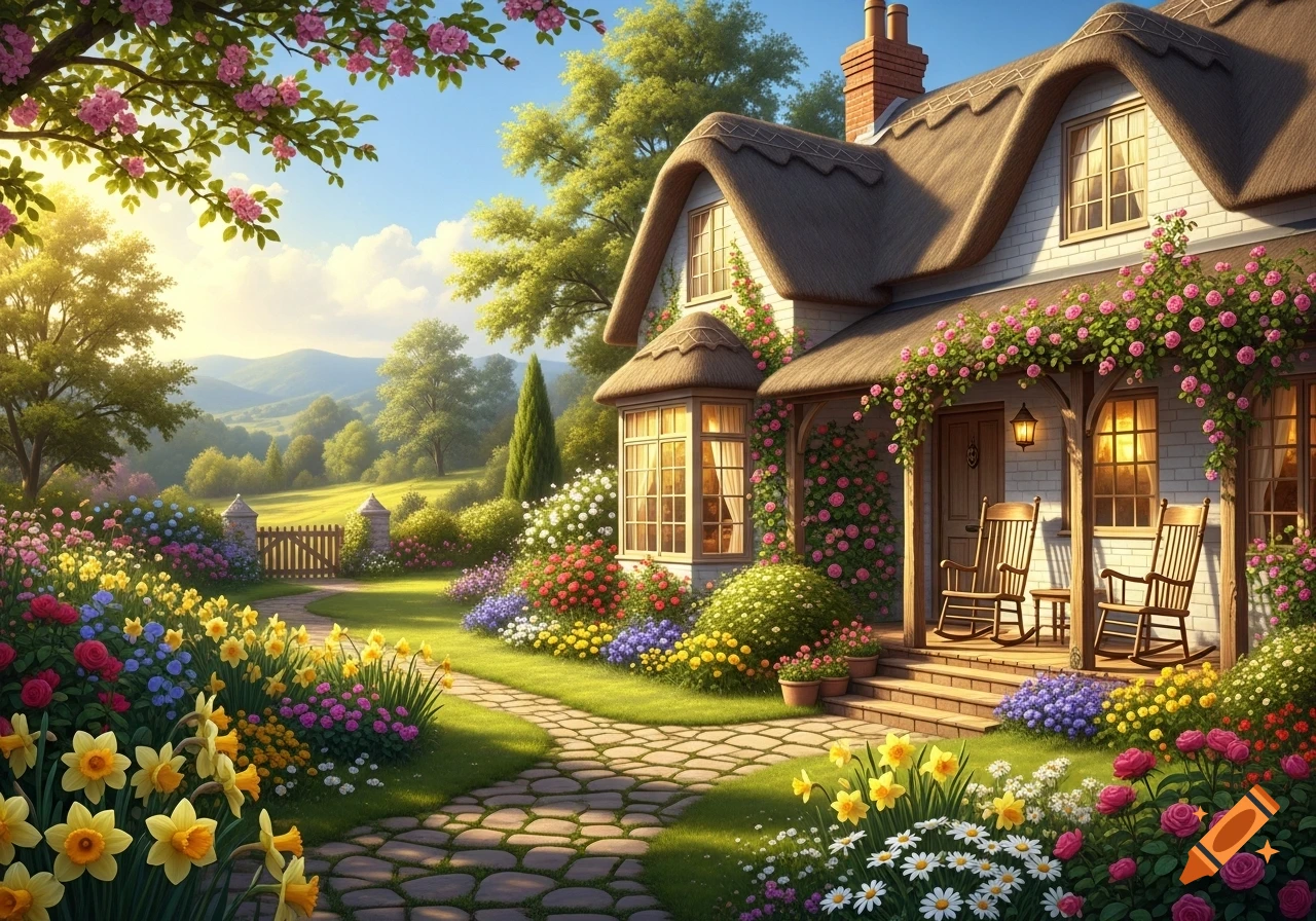 A charming thatched-roof cottage with a colorful flower garden and a stone path under a sunny sky.