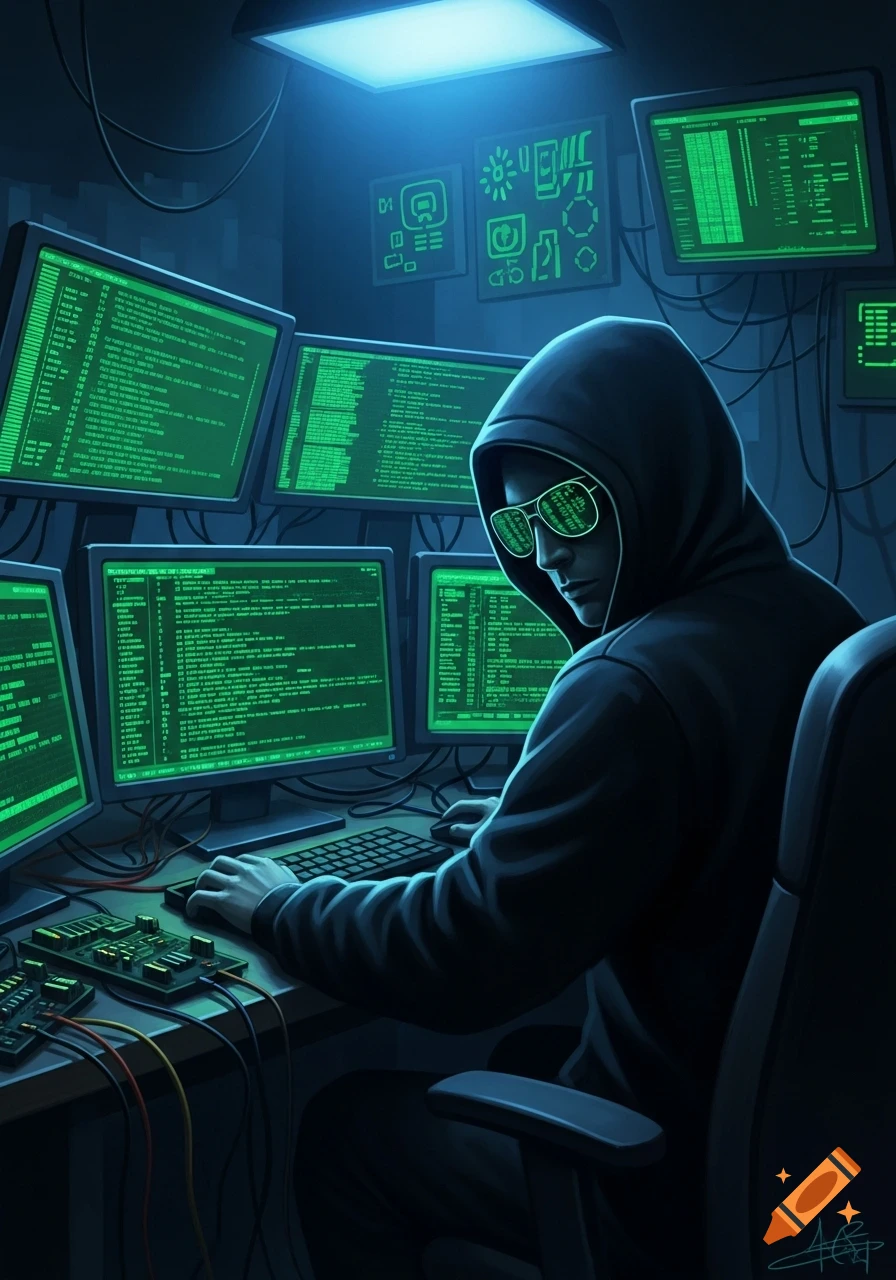 A hooded hacker wearing glowing glasses works on multiple computer screens displaying green code in a dark room.