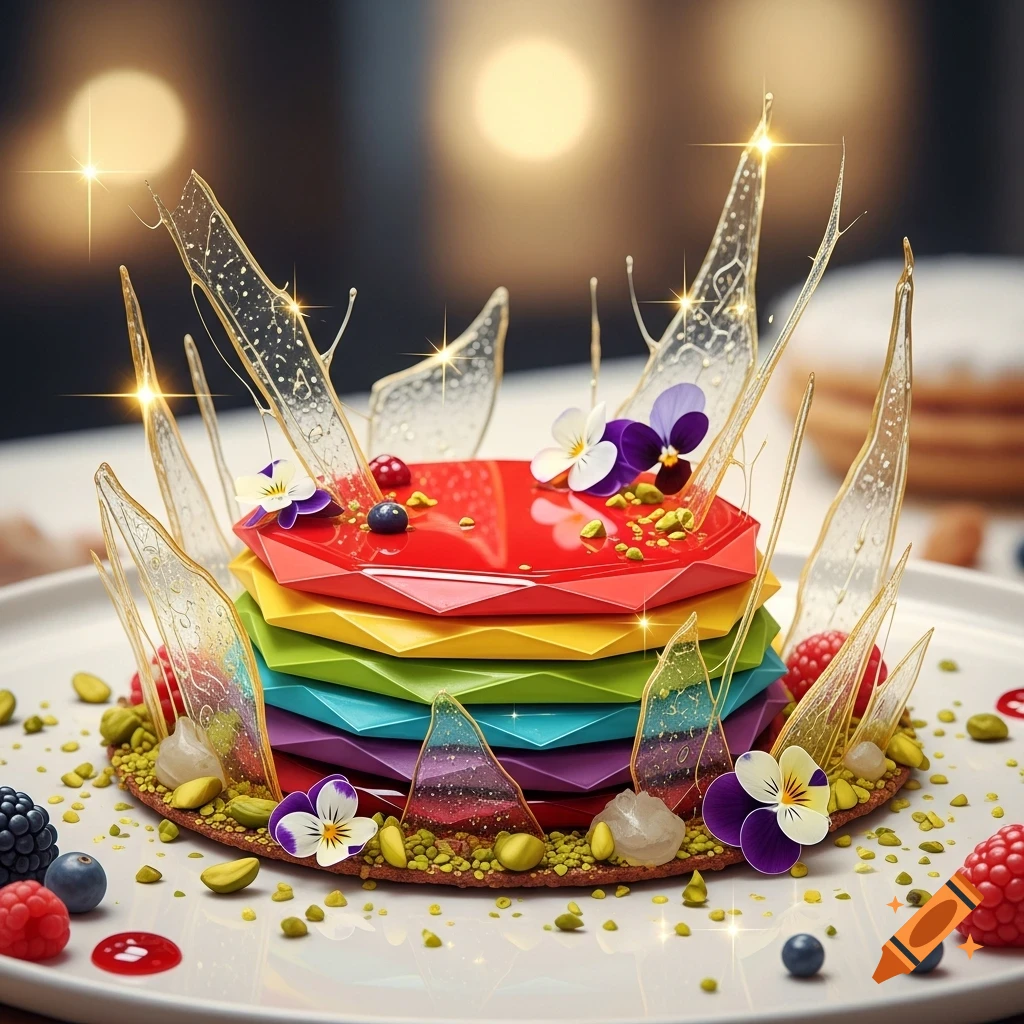 A vibrant rainbow-layered torte on a white plate, adorned with berries, edible pansies, spun sugar shards, and pistachios.