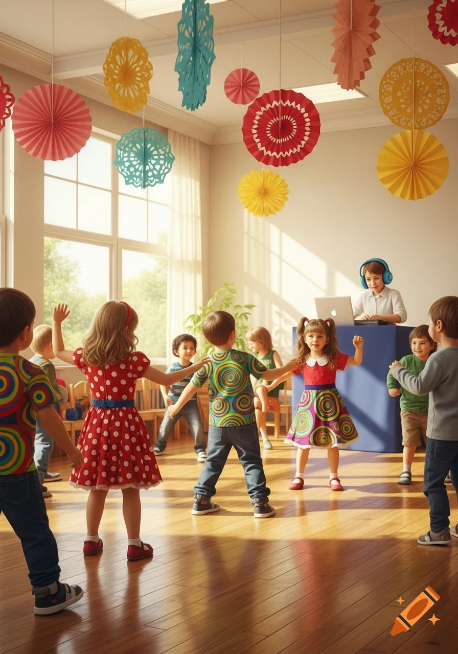 Kindergarten children playing and dancing in a brightly lit classroom decorated with colorful paper ornaments, with one child at a laptop.
