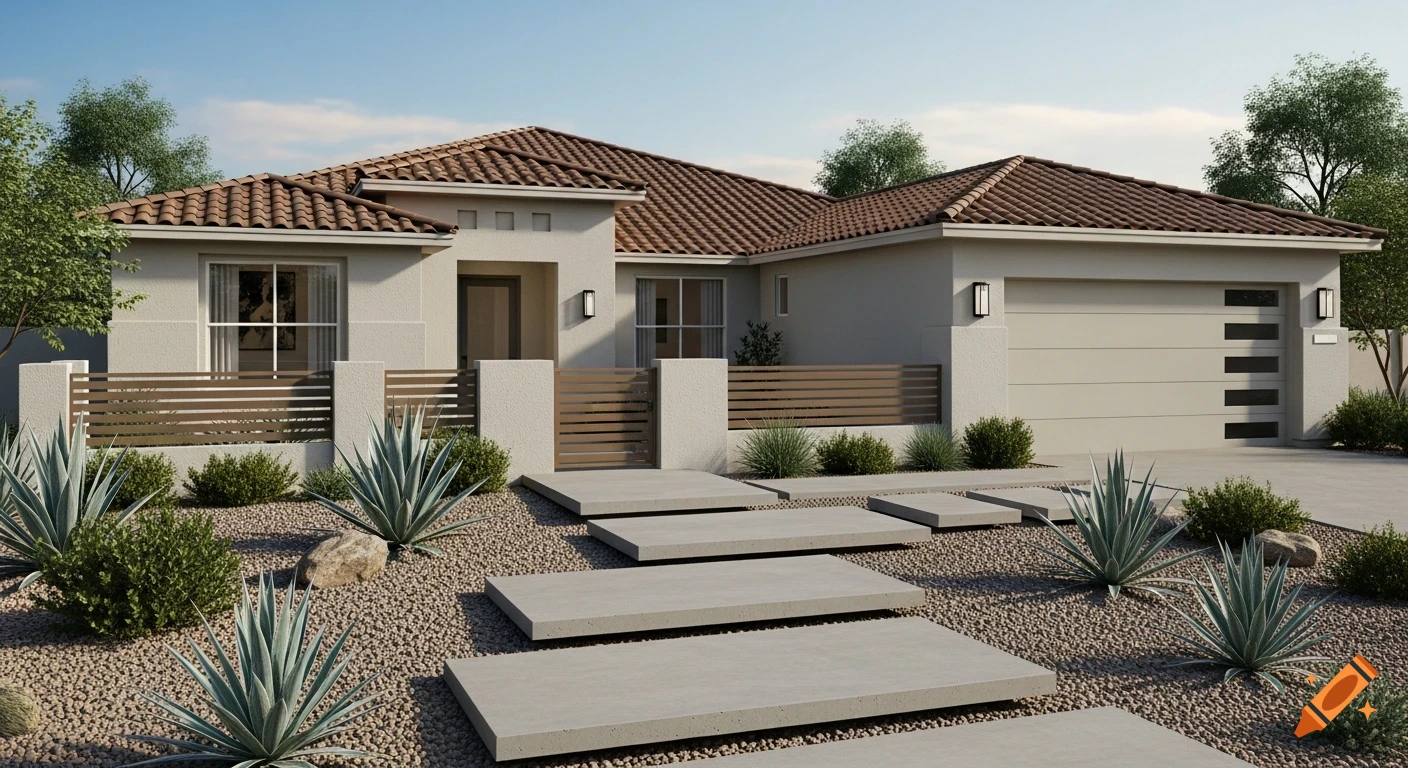 Realistic architectural rendering of a modern Mediterranean home with a clay tile roof, light stucco, desert landscaping, and concrete steps.