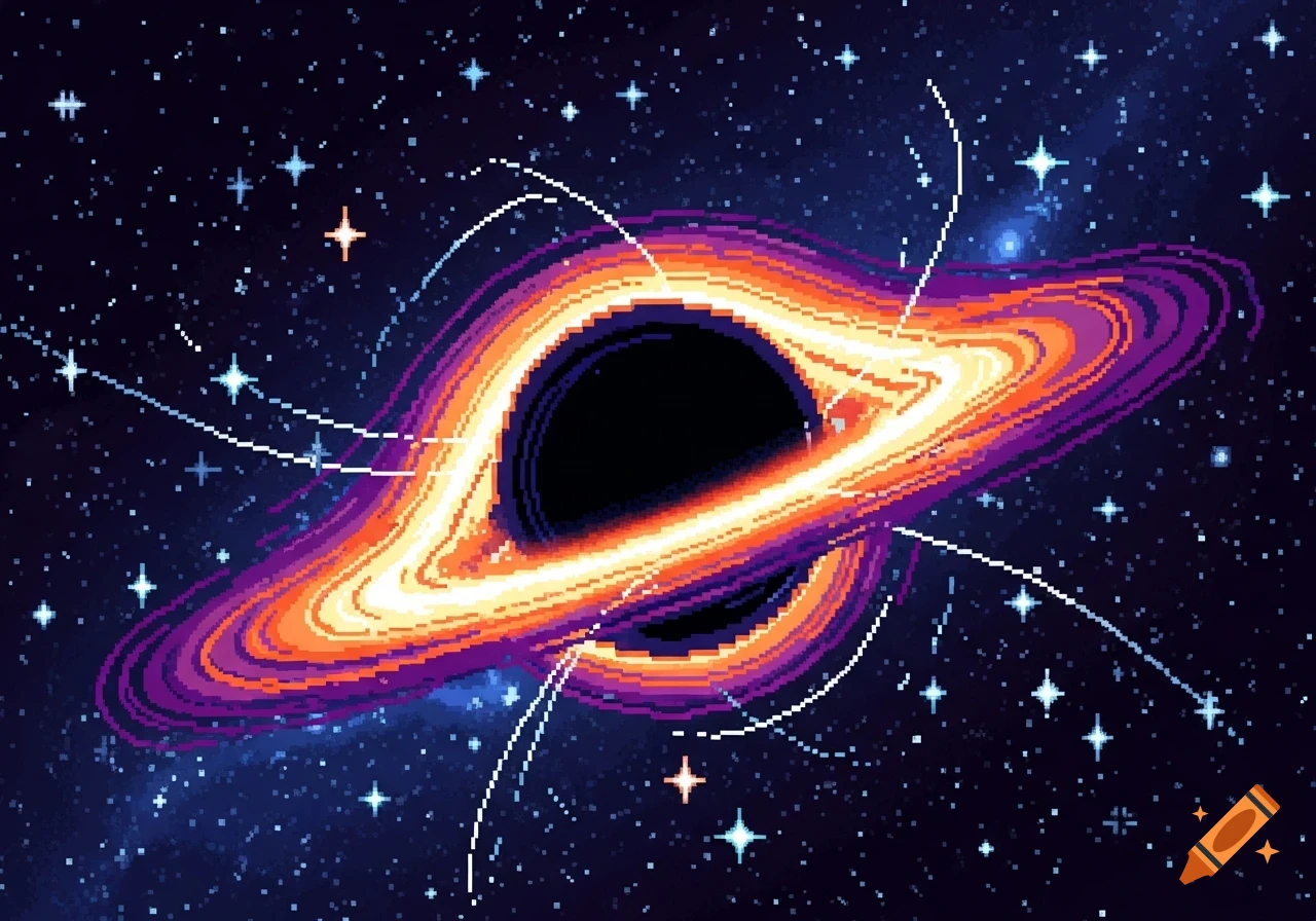 A vibrant pixel art black hole with a glowing orange and purple accretion disk, surrounded by scattered stars in a dark blue galaxy.