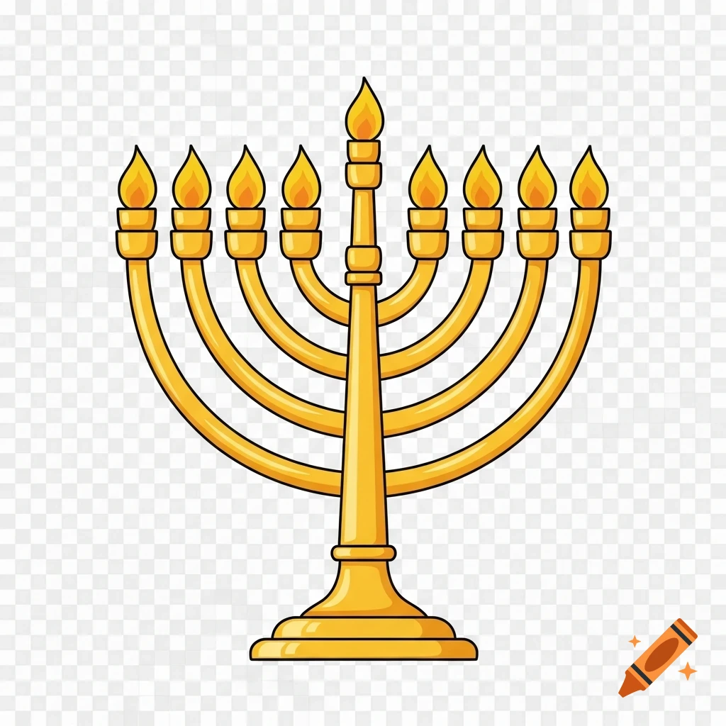A simple cartoon-style illustration of a gold menorah with nine lit candles on a transparent background.