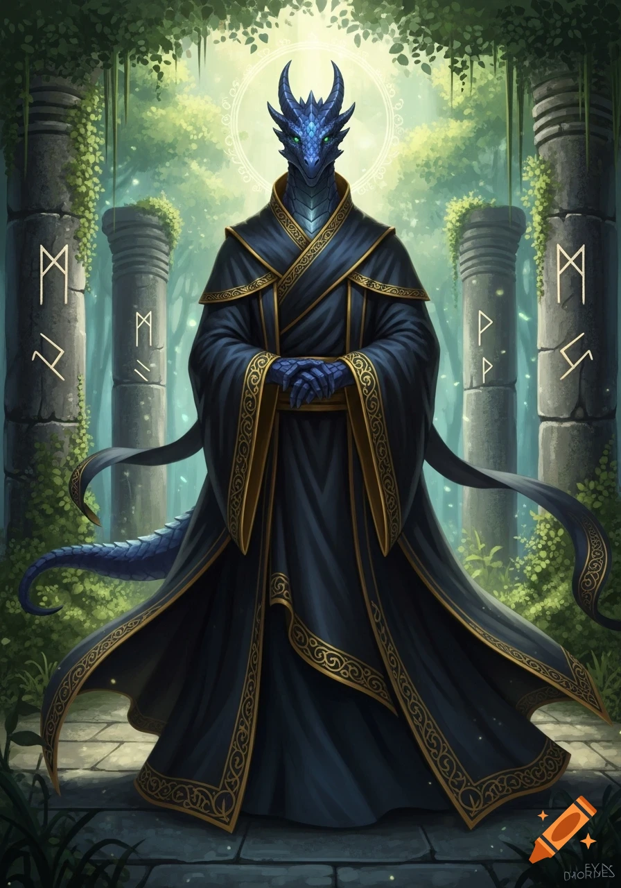 A blue dragonborn monk in a dark blue robe with golden trim stands in ancient forest ruins with runic pillars.