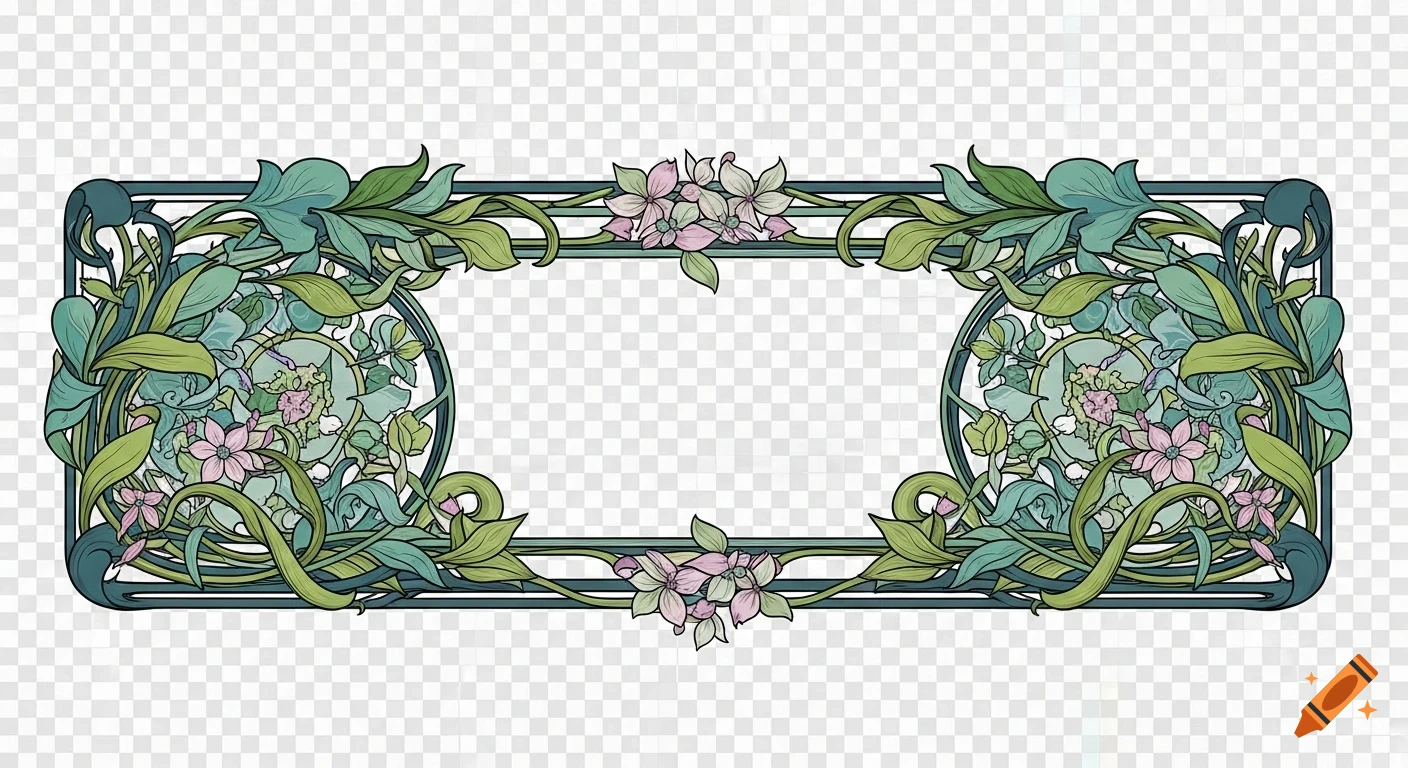 Art Nouveau style botanical frame with green leaves and delicate pink flowers around a transparent rectangular opening.