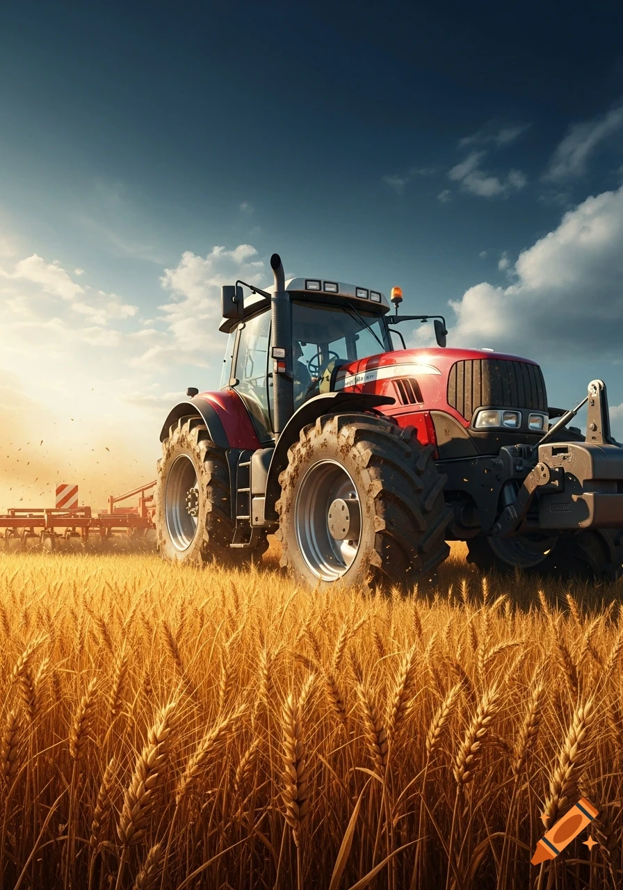 A vibrant red tractor is prominently featured in a sunlit golden wheat field under a partly cloudy blue sky, captured in a photorealistic style.