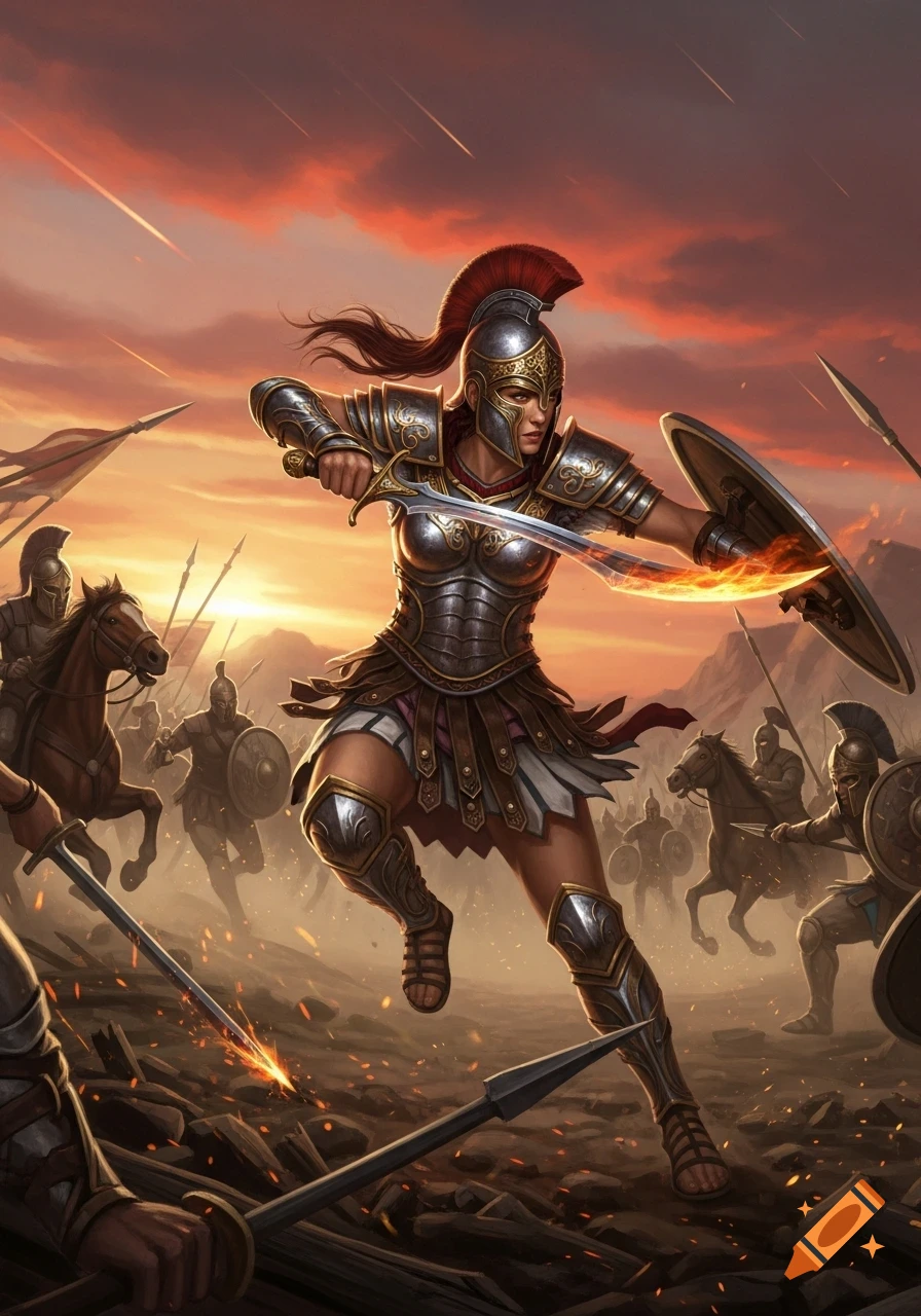 A heroic Amazonian warrior in ornate armor wields a flaming sword and shield, fighting fiercely in a sunset battle.
