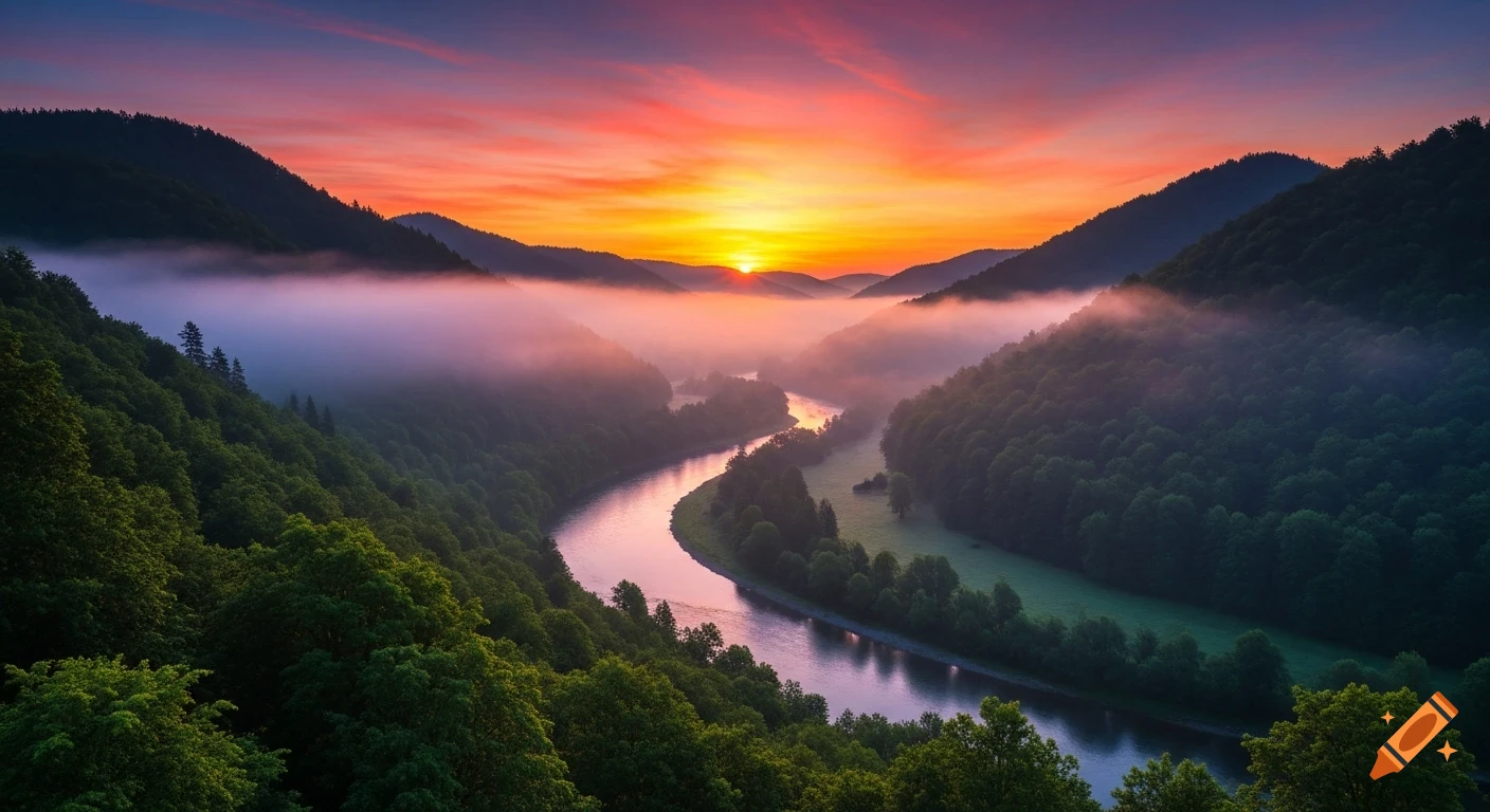 Sunrise over a misty valley with a winding river surrounded by lush forested mountains.