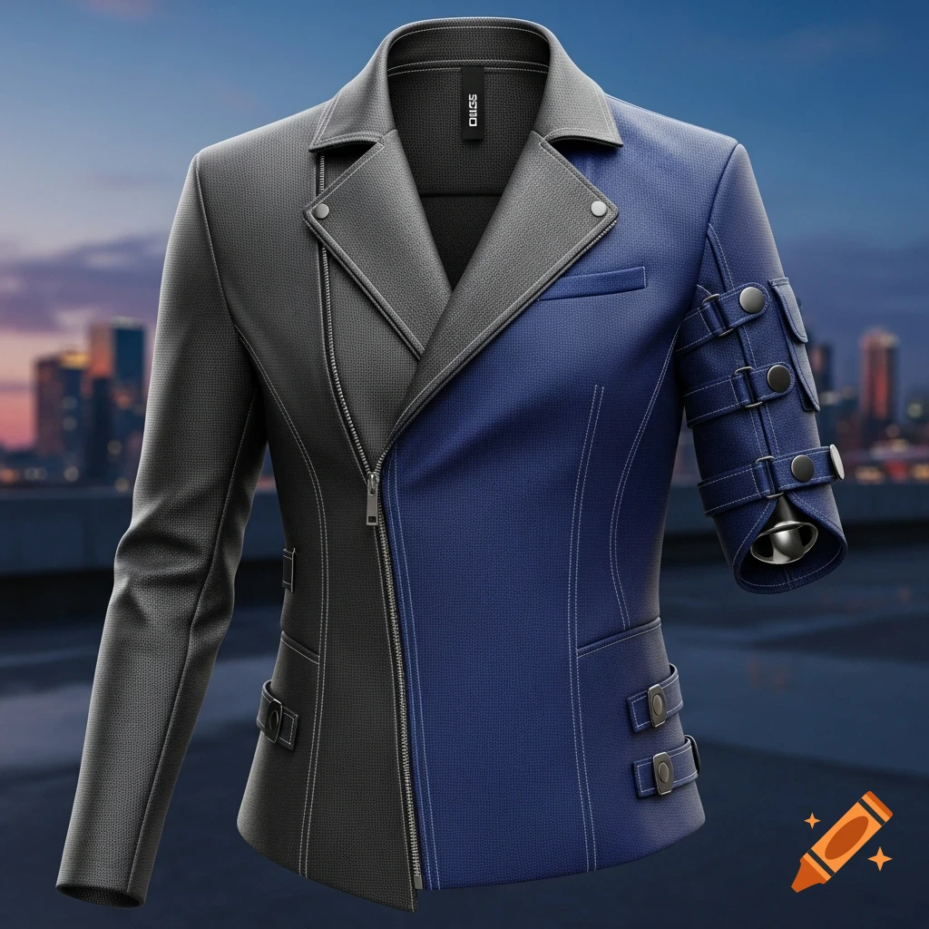 A photorealistic two-tone jacket, half gray, half blue, with a zipper and a short, buckled sleeve, against a city skyline.