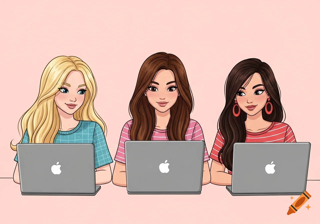 Three cartoon girls with blonde, brown, and dark brown hair work on laptops against a pink background.