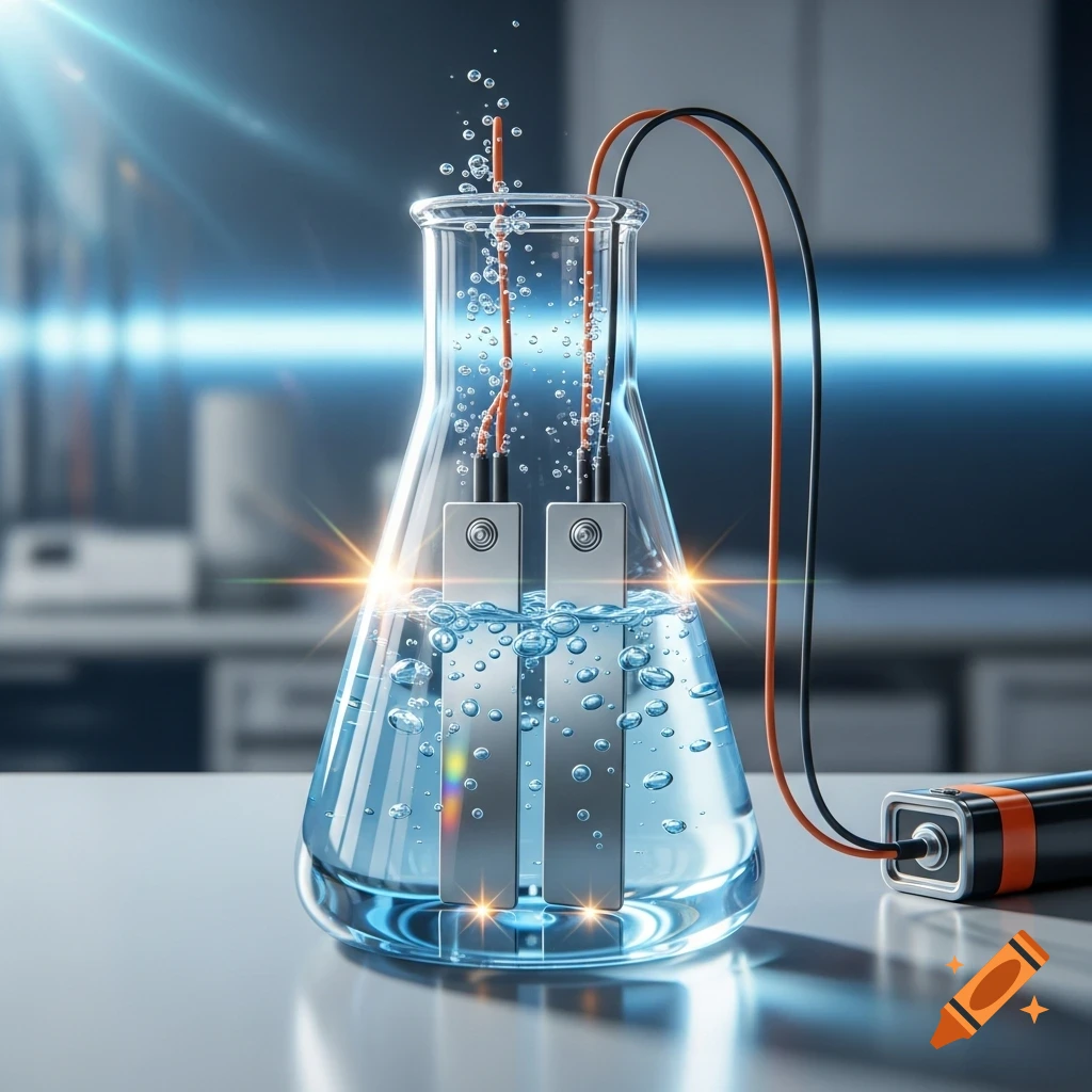 A chemical flask containing liquid with two metal plates, connected by wires to a battery, causing bubbles to rise in a laboratory setting.