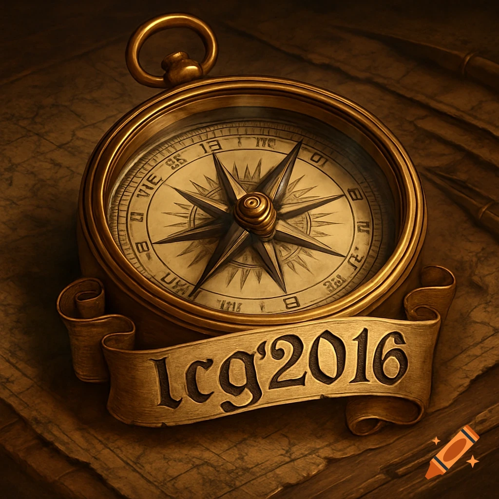 A vintage brass compass with a star-shaped dial sits on an old map, with a banner displaying 'lcg'2016.