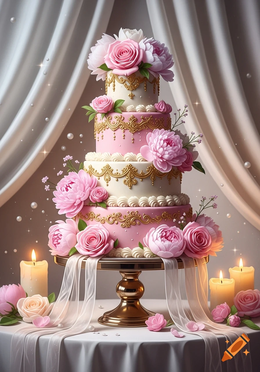 A beautiful multi-tiered wedding cake decorated with pink and white flowers, golden filigree, and candles, set against white drapery.