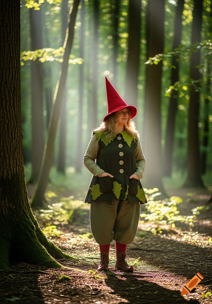 A person dressed as a gnome in a red pointed hat and green costume stands in a sunlit forest.