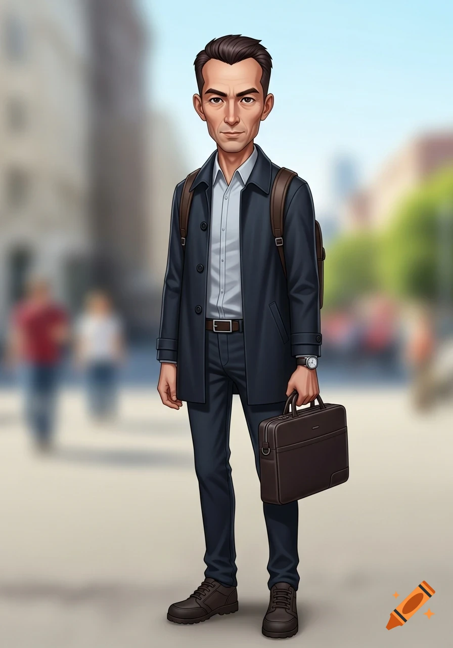 An illustration of a man in a dark coat and trousers, carrying a backpack and a briefcase, standing on a street.