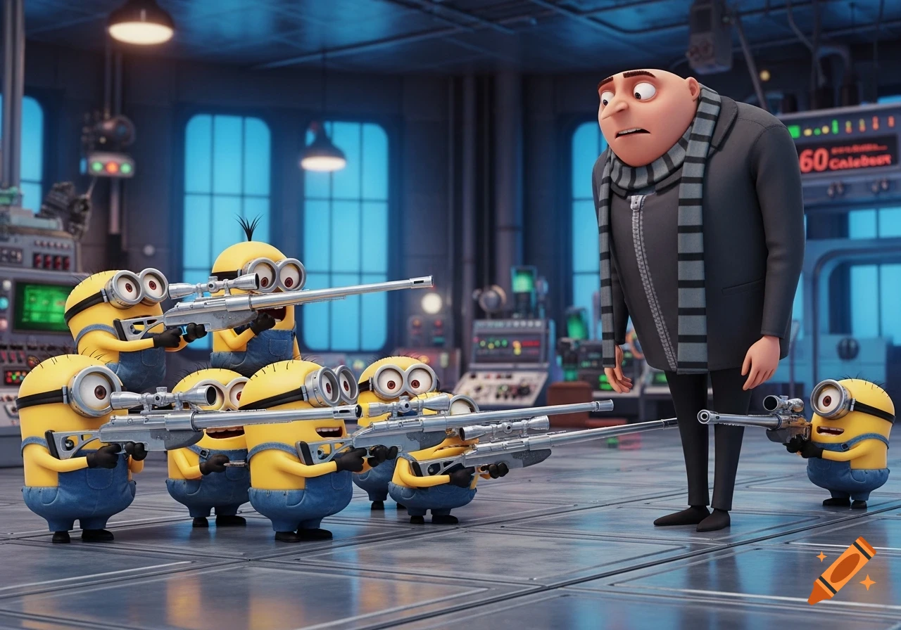 Gru looks shocked as multiple Minions in overalls point large sniper rifles at him in a futuristic lab.