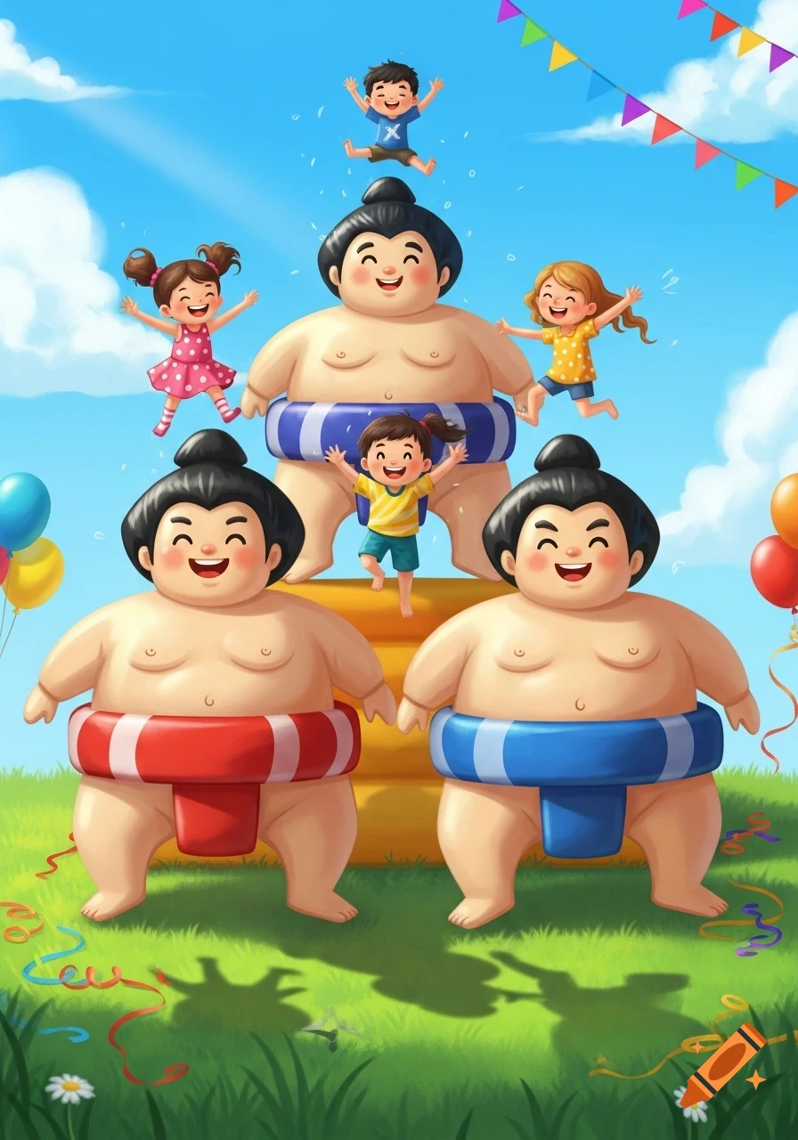 Playful cartoon illustration of happy children jumping on large inflatable sumo wrestlers under a sunny blue sky with festive flags.