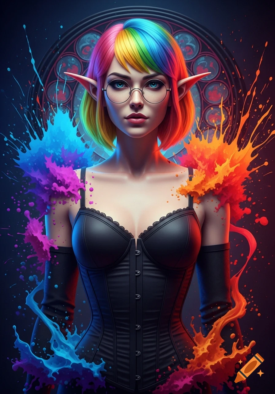 A portrait of an elf woman with rainbow hair, glasses, and a black corset, surrounded by vibrant paint splatters in an art nouveau style.