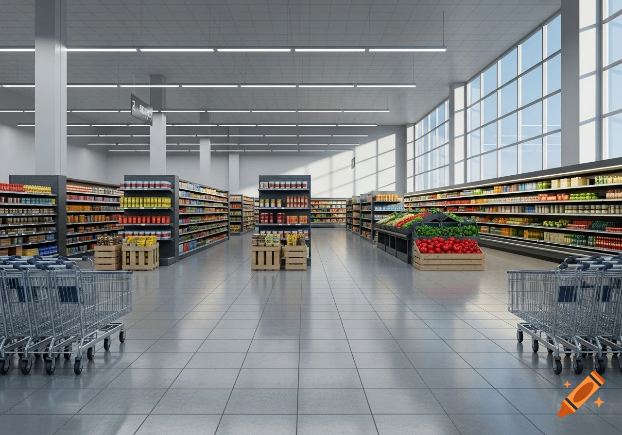 Photorealistic interior view of an empty, well-lit supermarket with long aisles of products, large windows, and shopping carts.