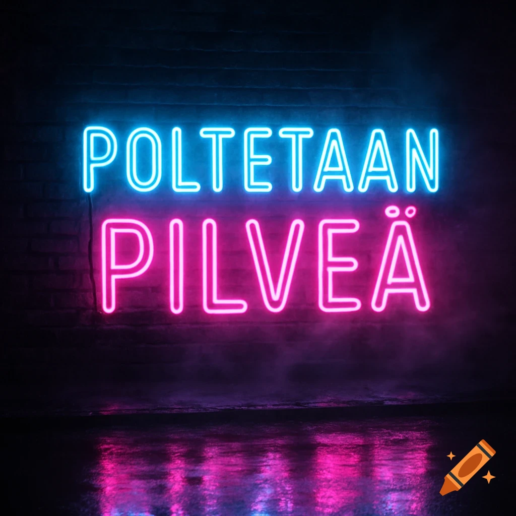 A vibrant blue and pink neon sign on a brick wall reads 'POLTETAAN PILVE R', reflected on a wet floor with smoke.