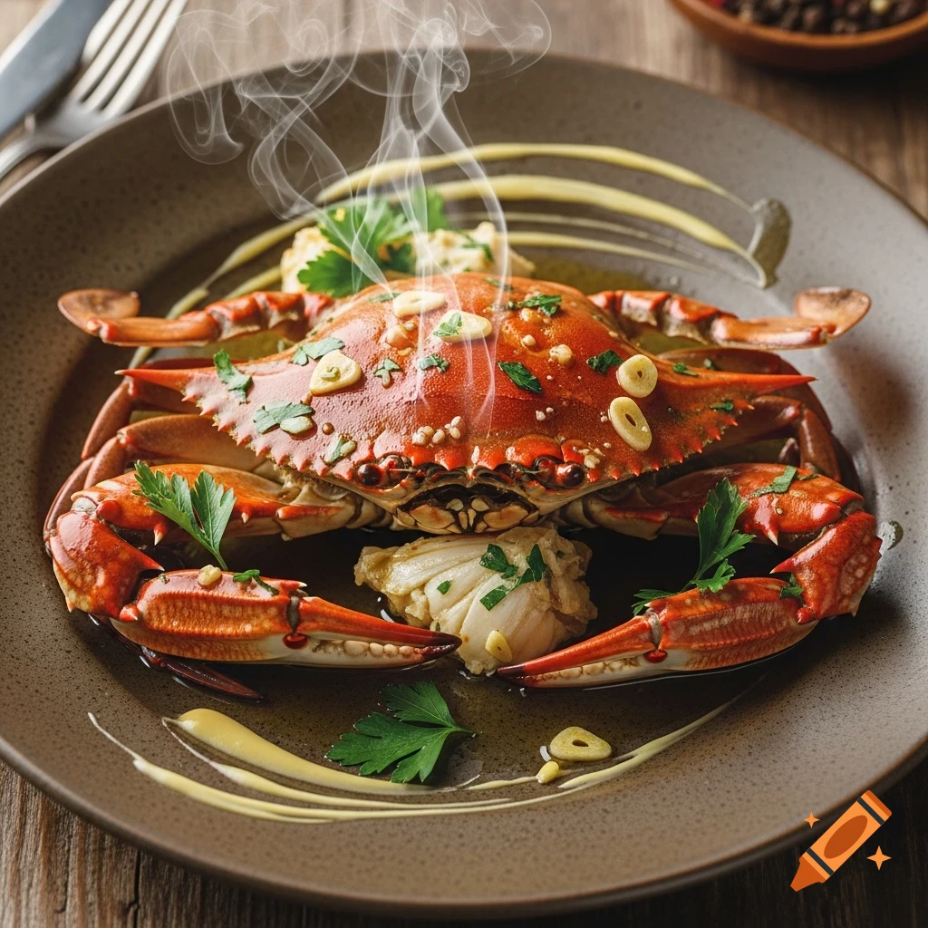 Close-up of a steaming cooked crab, garnished with garlic slices and fresh parsley, on a rustic plate.