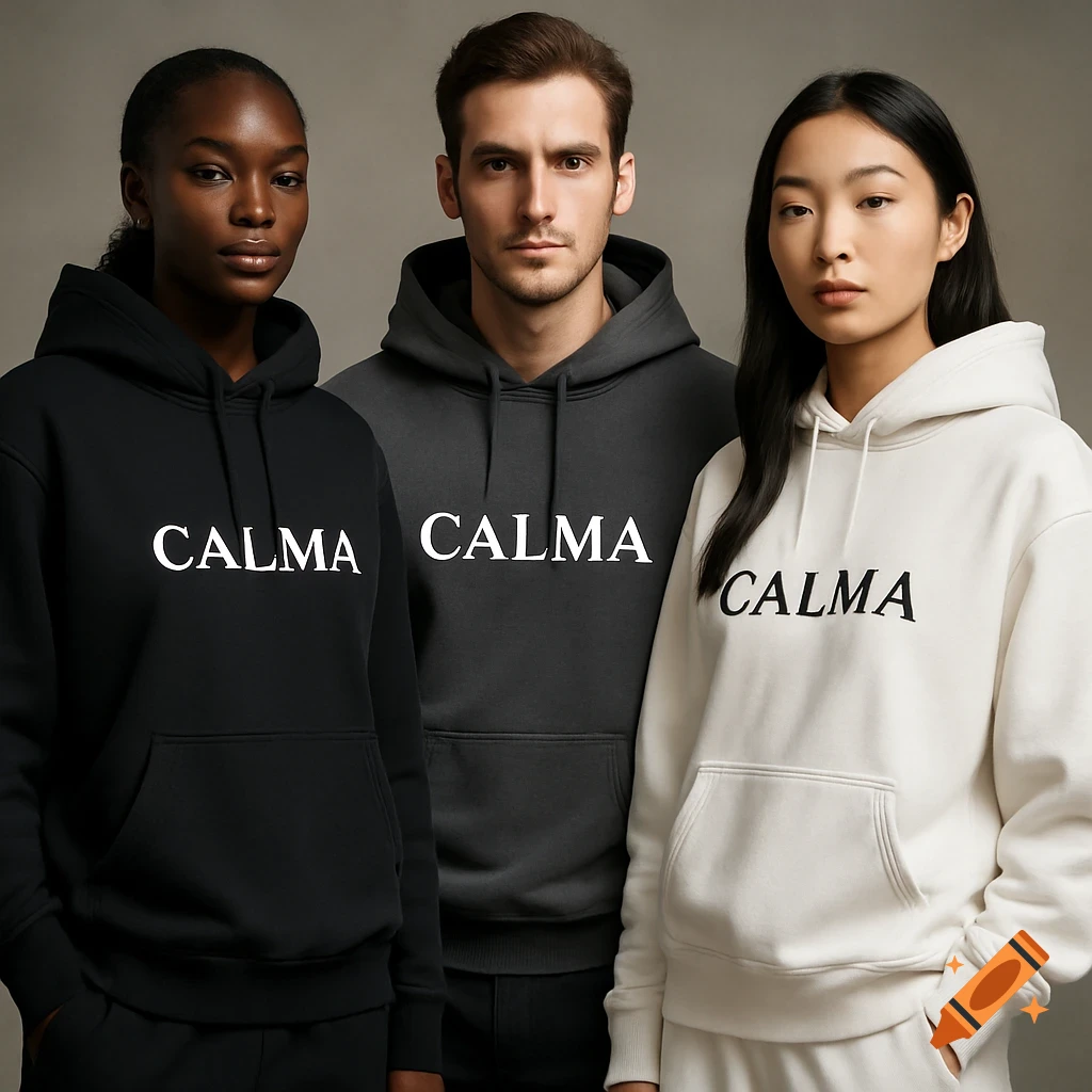 Three diverse models, one Black, one White, one Asian, wear black, gray, and white CALMA hoodies in a studio setting.