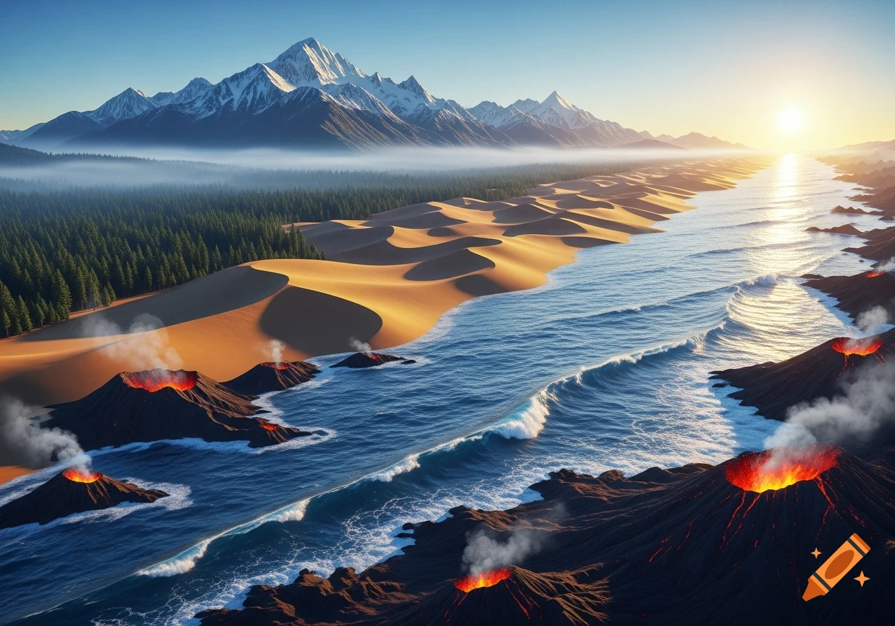 Aerial view of a dramatic landscape with snow-capped mountains, forest, sand dunes, ocean, and active volcanoes at sunrise.