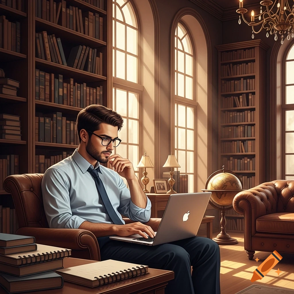 A man wearing glasses and a tie sits in a leather armchair, typing on a laptop in a sunlit library filled with bookshelves.