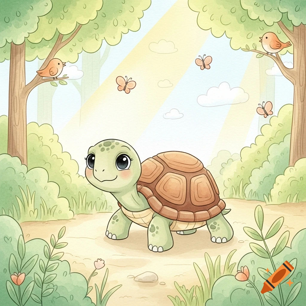 A cute cartoon turtle with big eyes walks on a path in a sunny forest with birds and butterflies, in a soft pastel style.