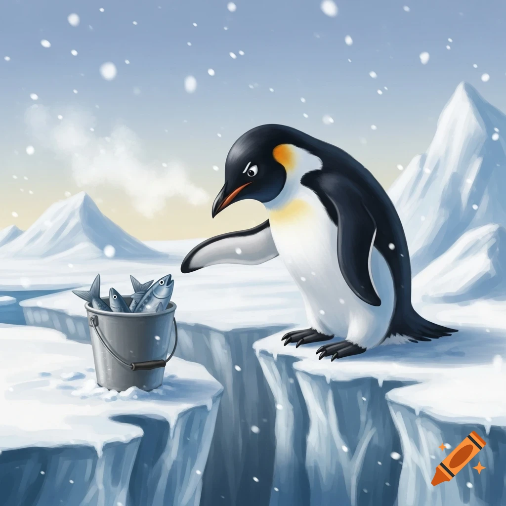 A cartoon emperor penguin stands on an icy ledge, looking at a bucket of fish next to a deep crevasse, with snow falling.