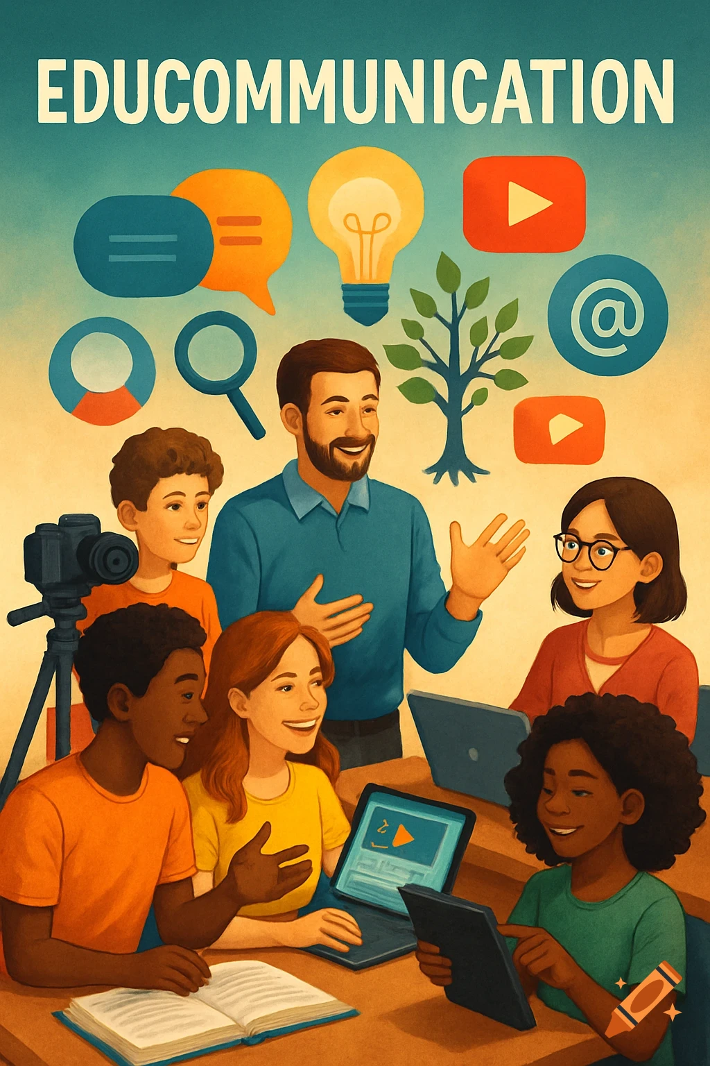 Illustrative scene of a teacher and diverse students engaging with books, laptops, tablets, and a camera, surrounded by communication icons and text 'EDUCOMMUNICATION'.