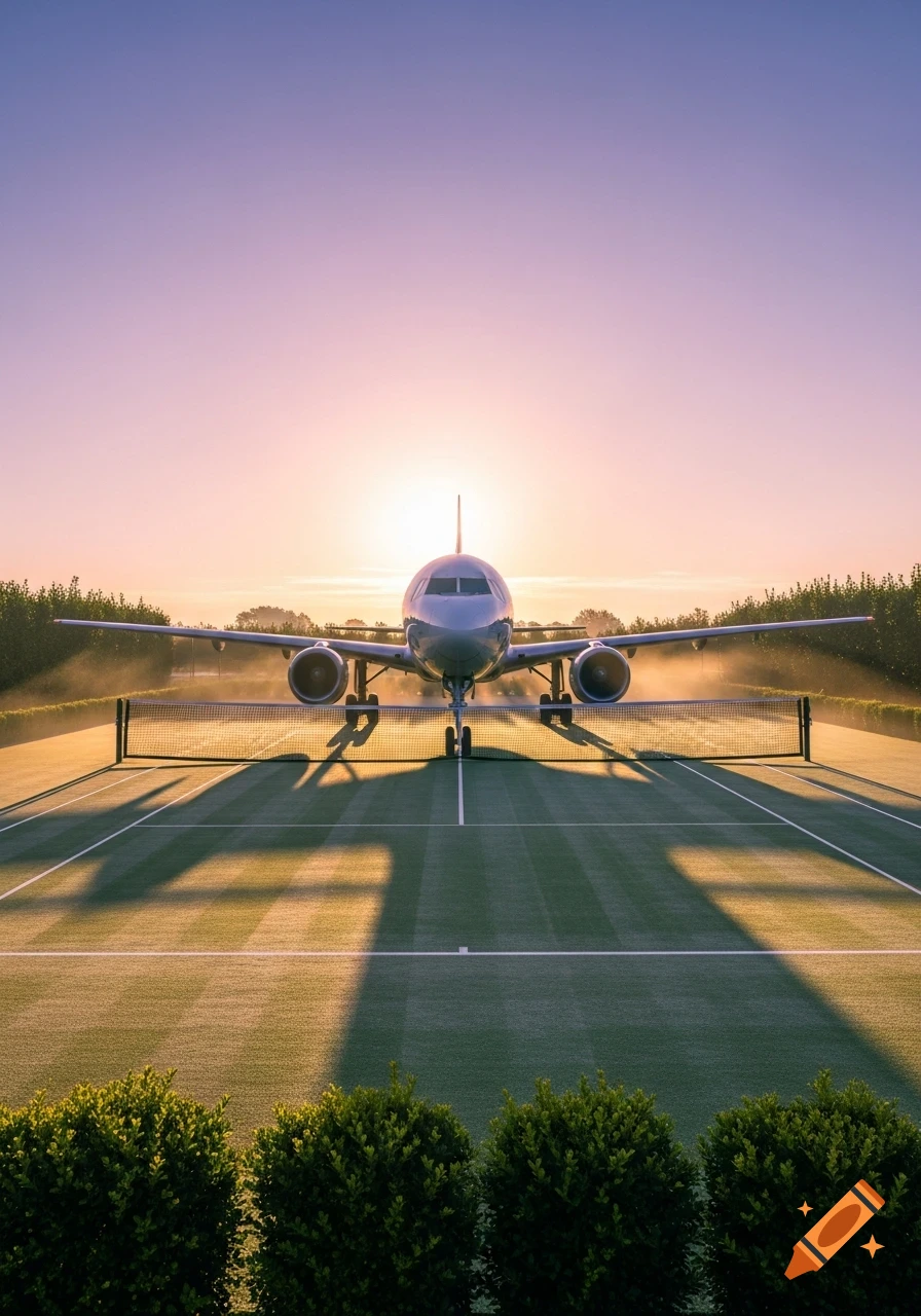A large silver airplane stands on a green tennis court at sunrise or sunset, with a bright sunburst behind it.