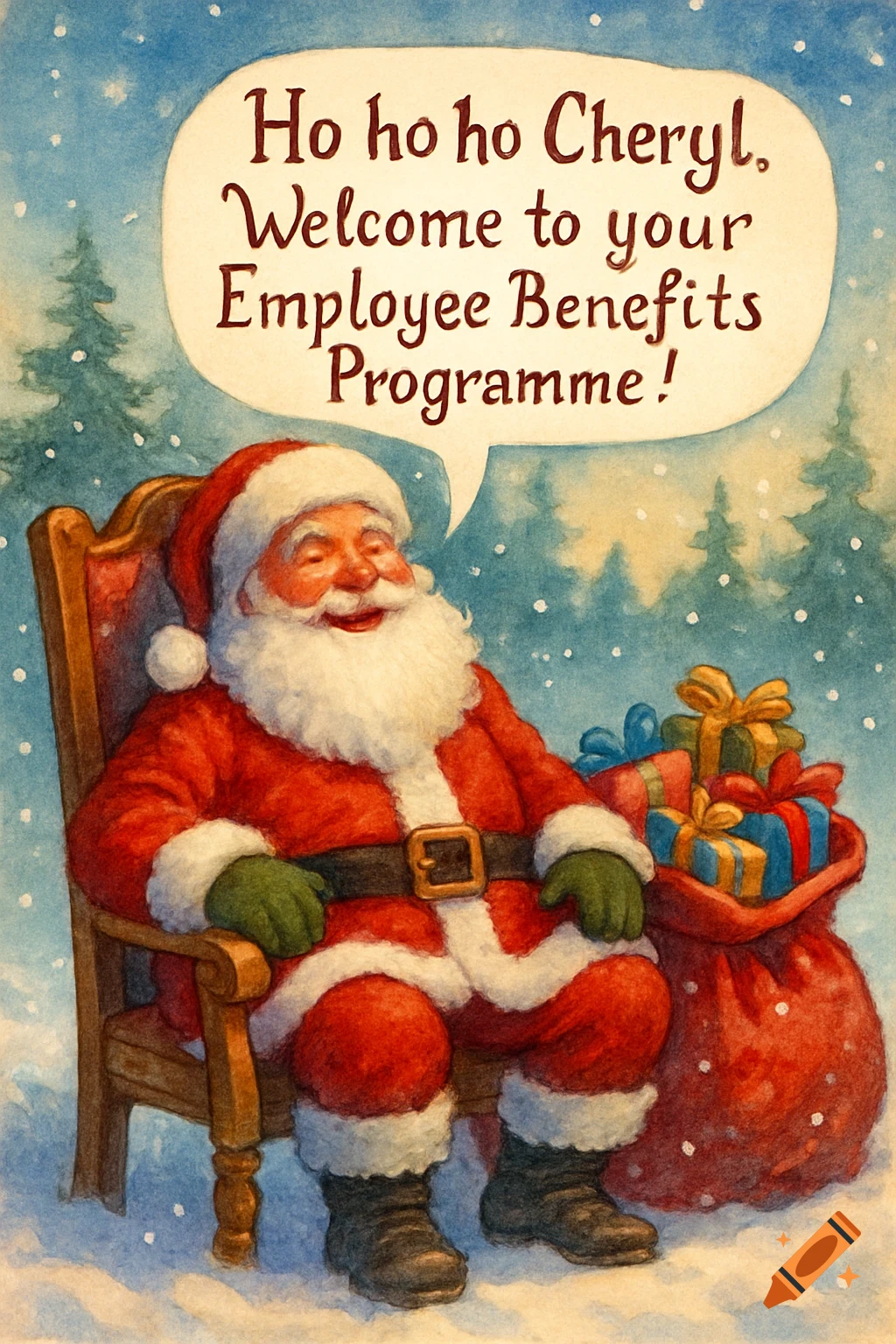 A watercolor illustration of Santa Claus sitting in a chair, laughing, with a sack of presents in a snowy scene. A speech bubble reads, "Ho ho ho Cheryl, Welcome to your Employee Benefits Programme!"