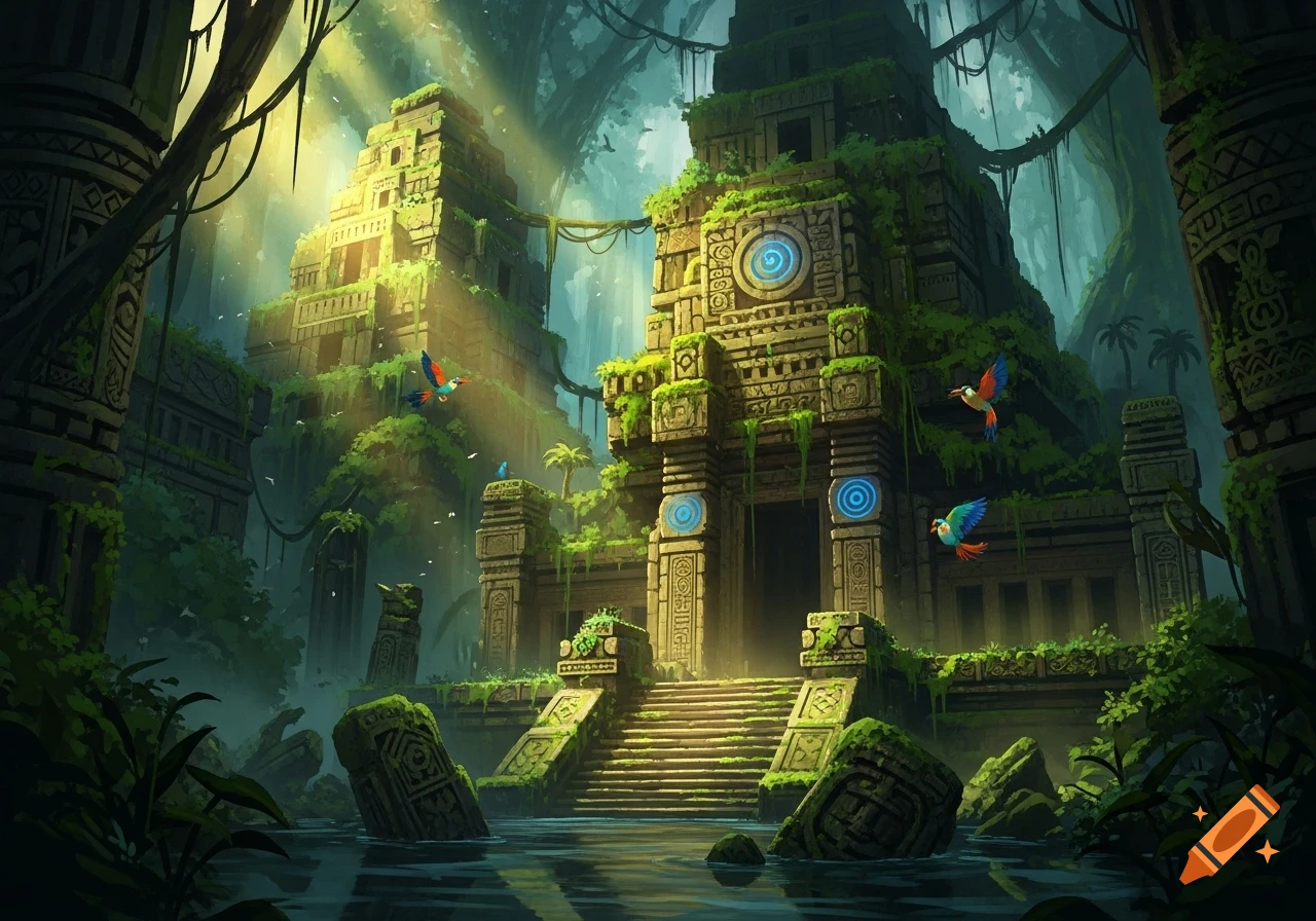 Fantasy digital painting of ancient jungle temples, overgrown with moss, featuring glowing blue symbols and colorful birds.