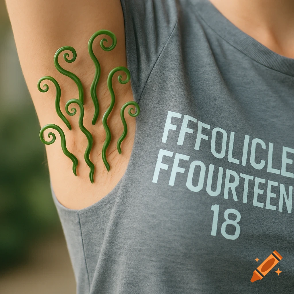 A close-up of an armpit with green, curly tendrils and a gray t-shirt that reads 'FFFOLLICLE FFOURTEEN 18'.