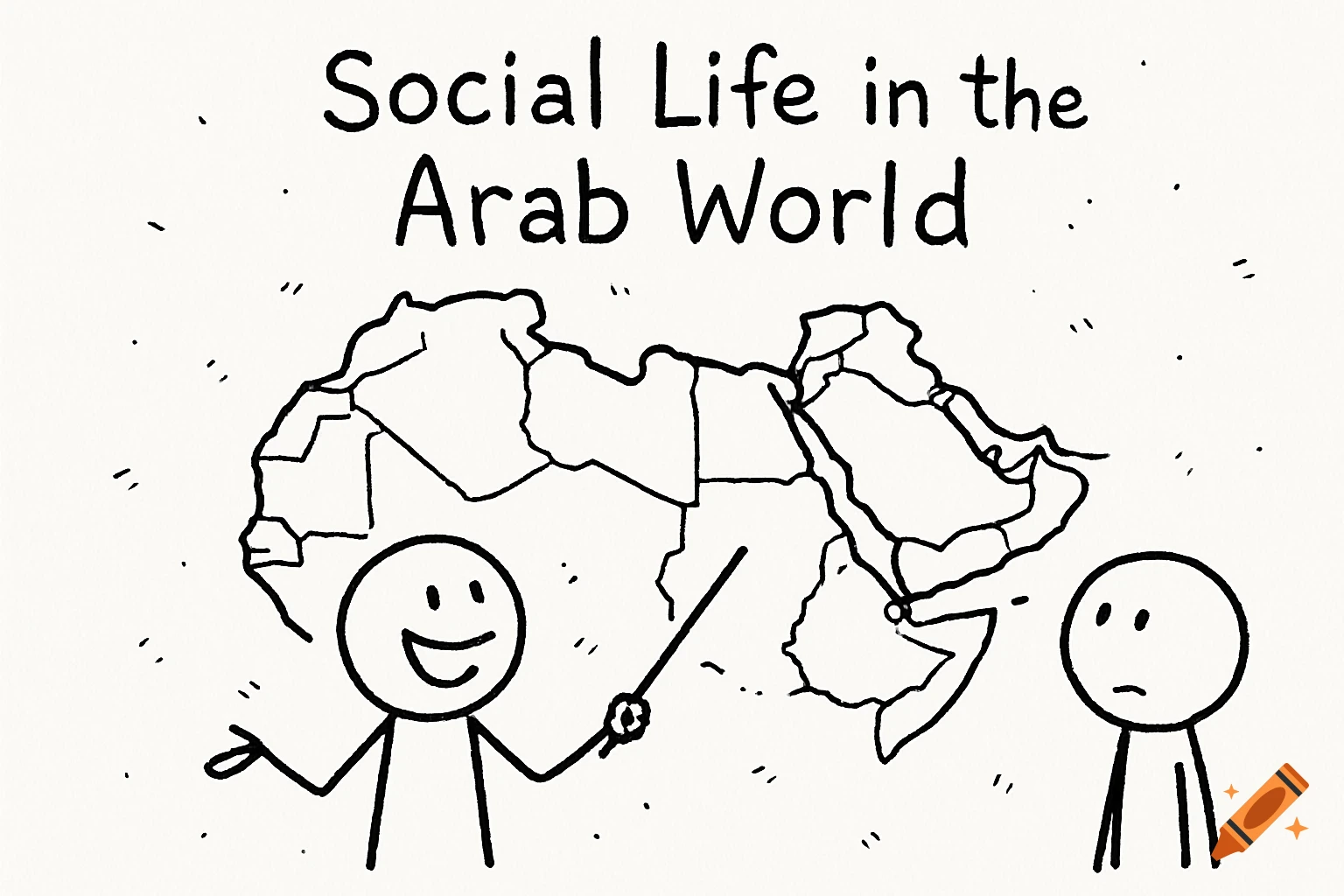 Two stick figures in simple doodle art style. One points at a map of the Arab world. Text reads 'Social Life in the Arab World'.