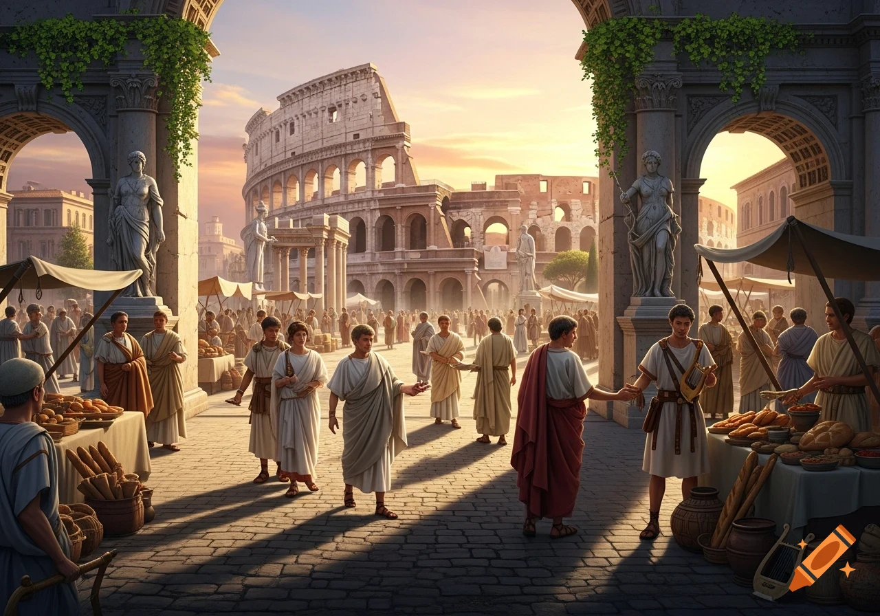 A bustling ancient Roman marketplace at sunset, with people in togas, market stalls, and the Colosseum visible in the background through stone arches.