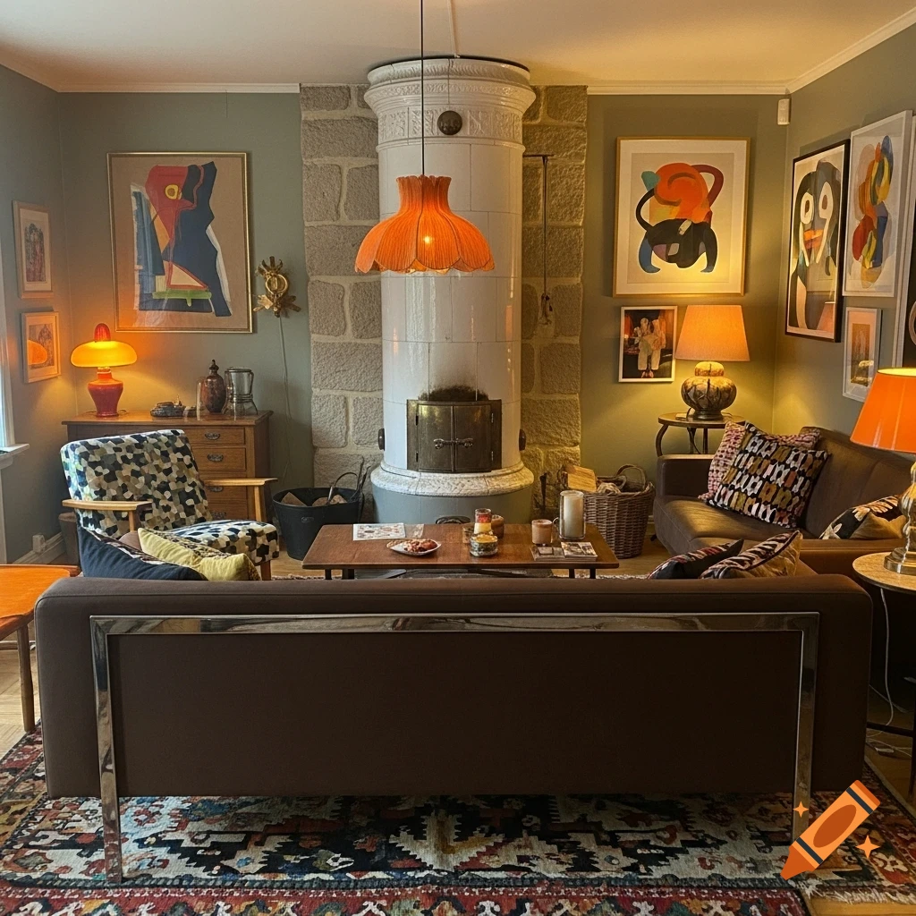 A cozy, eclectic living room with a large white Swedish stove, stone wall, abstract art, and a brown sofa on a patterned rug.