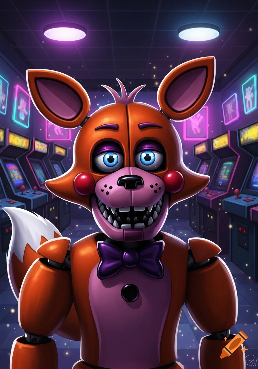 A stylized orange and pink animatronic fox with bright blue eyes, sharp teeth, and a purple bow tie stands in a neon-lit arcade.