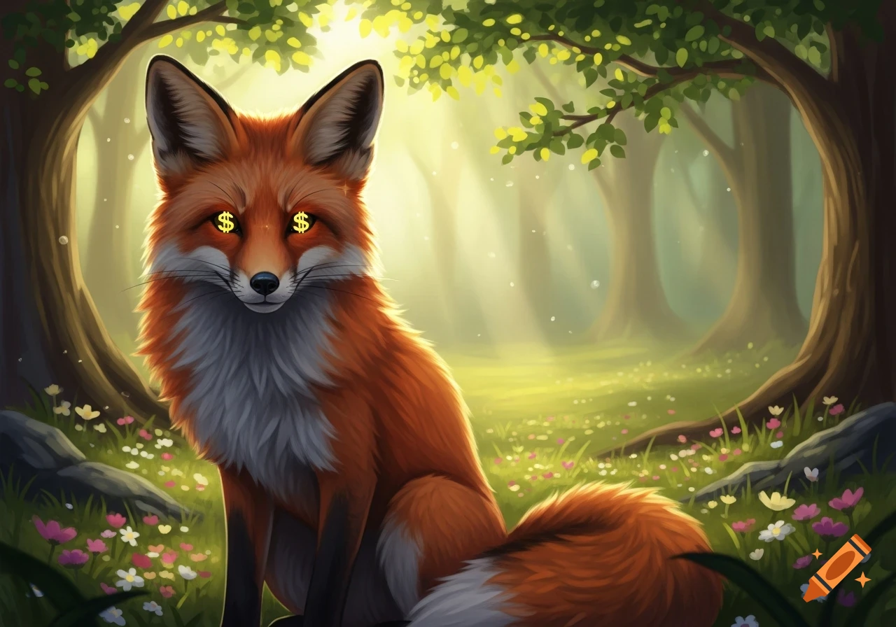 A stylized orange fox with dollar signs in its eyes sits in a vibrant forest of green trees and colorful flowers.