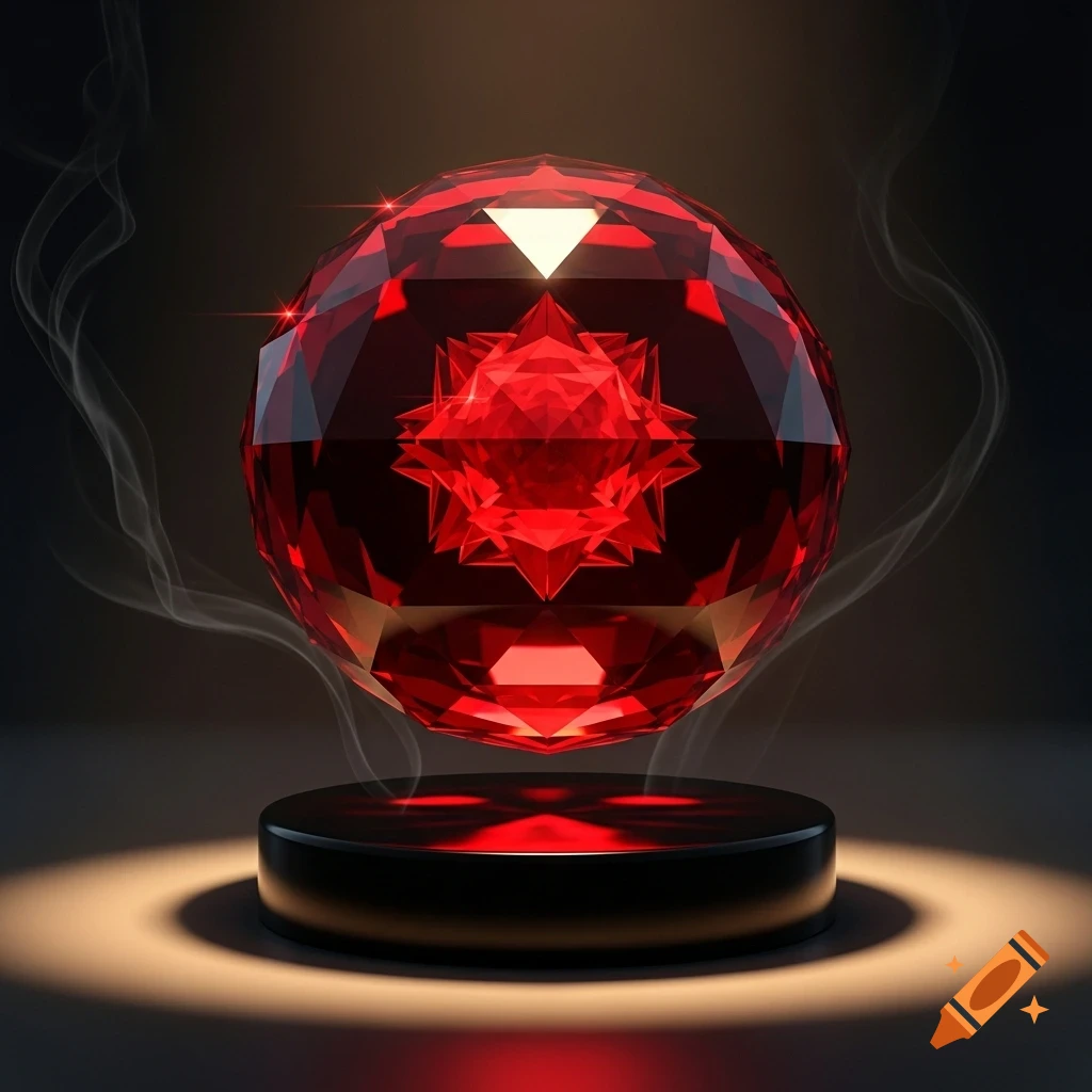 A shimmering red faceted crystal ball hovers above a black pedestal, emitting light and wisps of smoke in a dark setting.