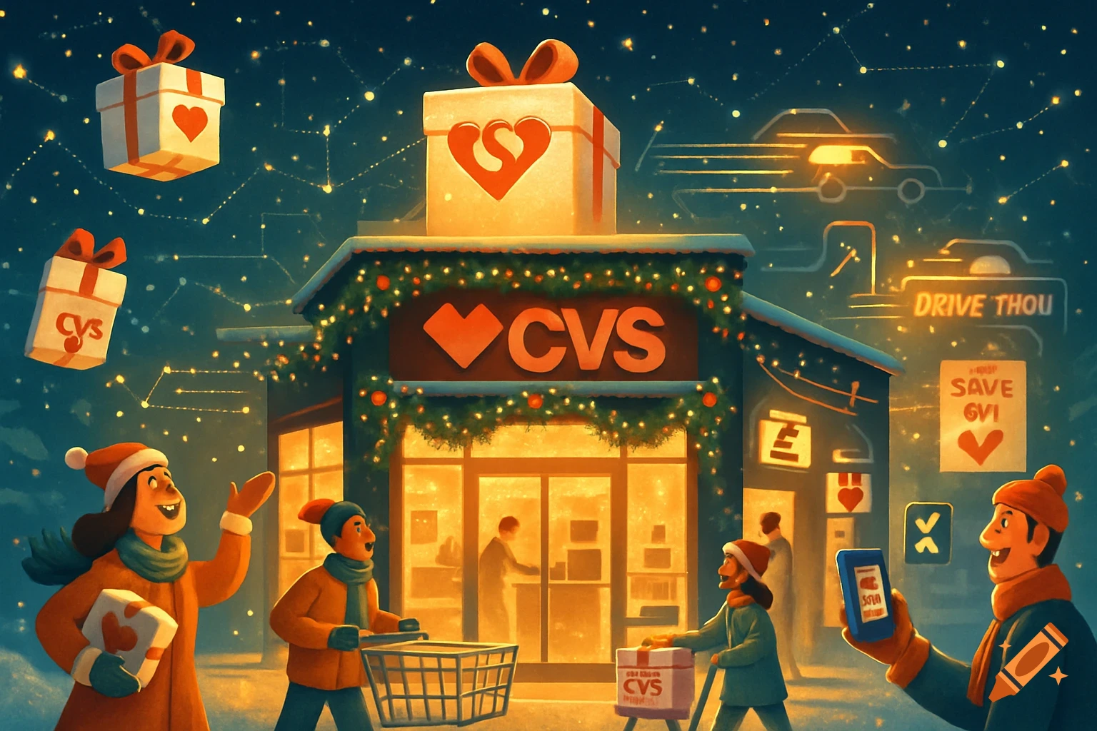 An animated Christmas graphic of a CVS store at night, decorated with lights. People in winter clothes shop and interact with floating presents. Text elements like CVS, DRIVE THOU, and SAVE GVI are visible.