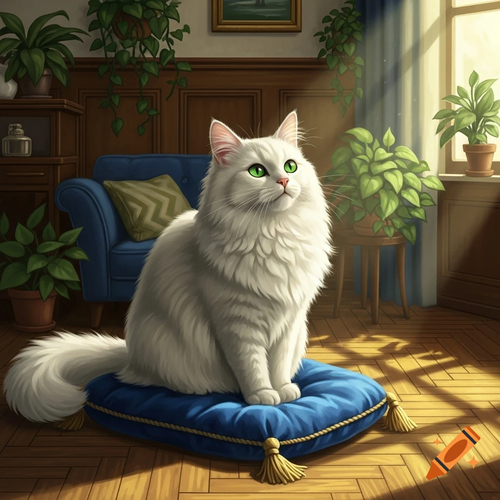 A fluffy white cat with bright green eyes sits on a blue pillow in a sunlit room filled with green plants.