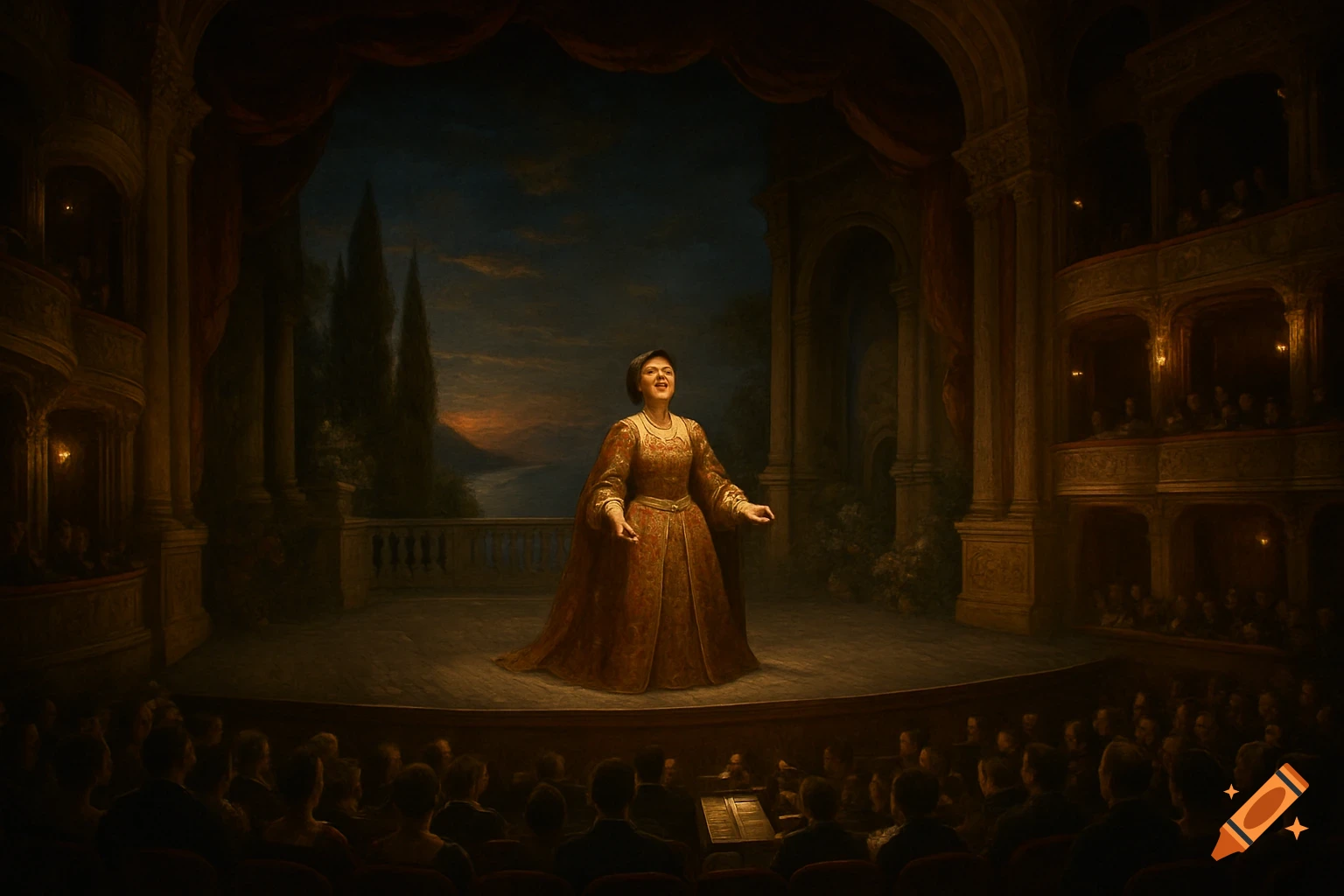 A woman in a gold gown sings on a stage in a grand opera house, illuminated by a spotlight, with an audience and ornate balconies.