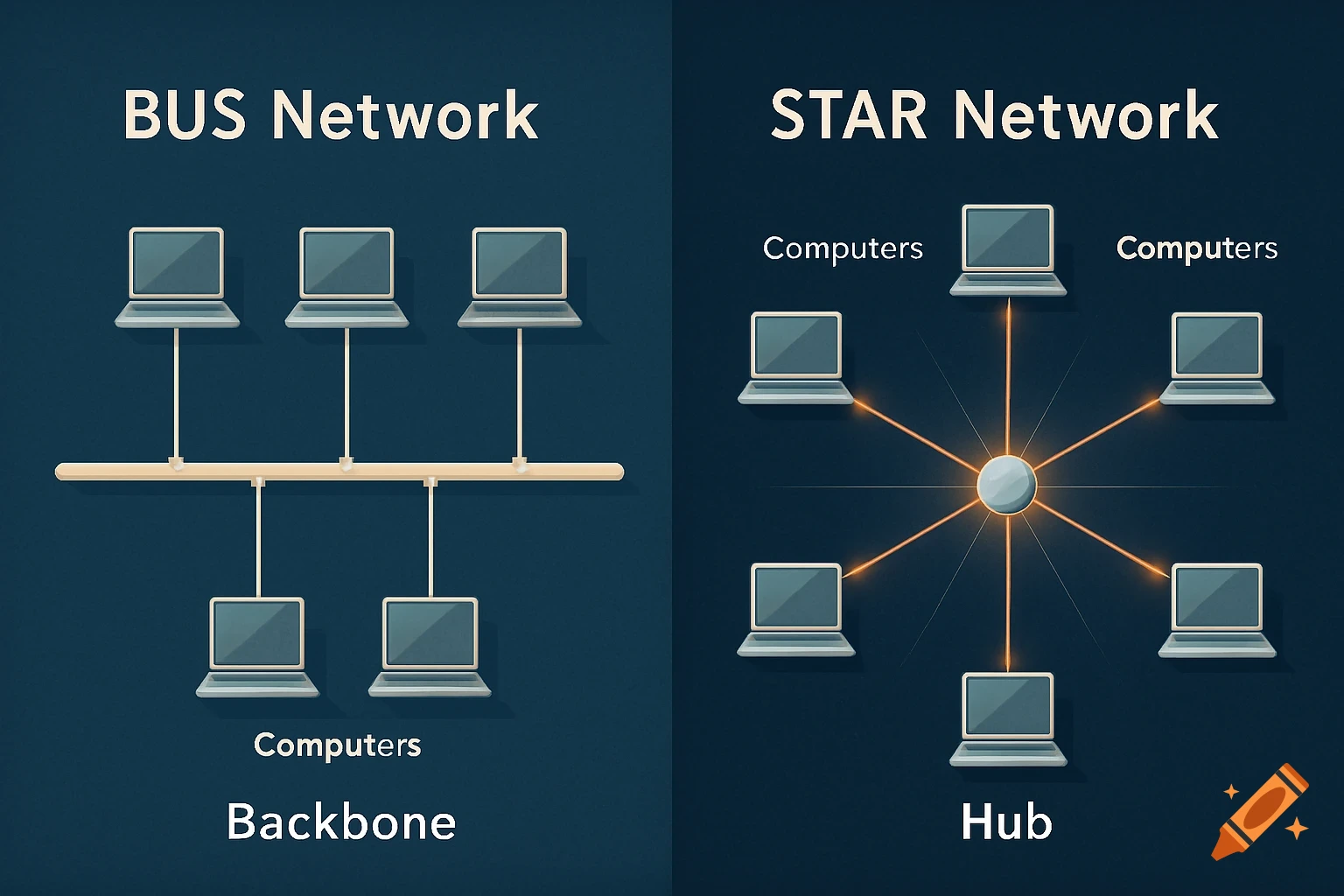 An illustration comparing a bus network and a star network, showing laptops connected to a backbone and a central hub respectively, with labels.