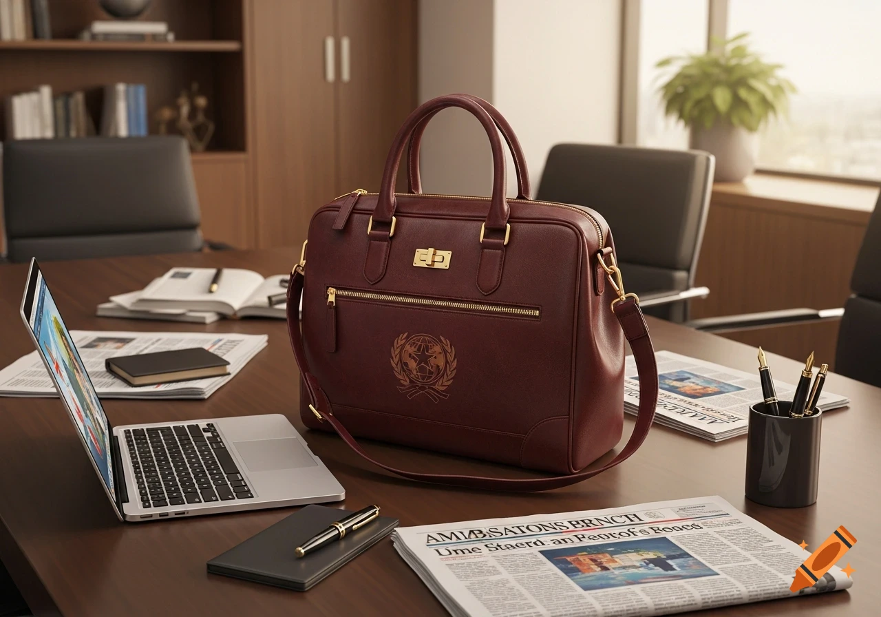 A burgundy leather briefcase with a gold lock and a logo sits on a wooden office desk next to a silver laptop, newspaper, and pens.