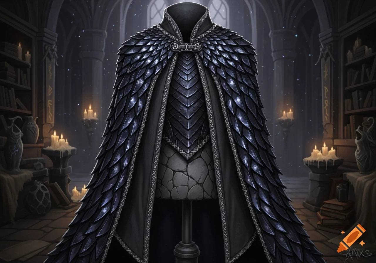 A dark fantasy cloak made of black dragon scales and hide, displayed on a mannequin in a mysterious, candlelit chamber.
