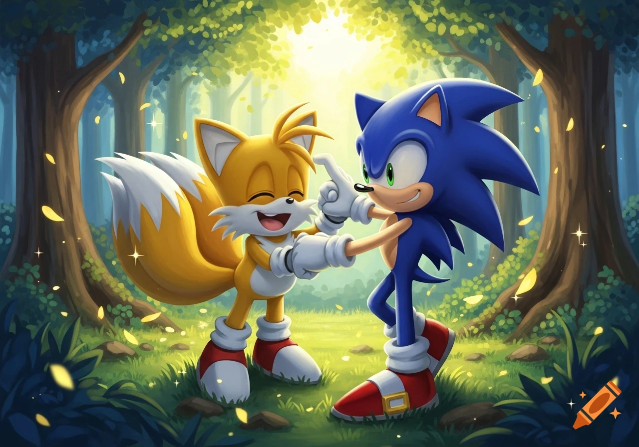 Sonic the Hedgehog playfully tickles Tails the fox in a vibrant, sunlit forest with glowing leaves.